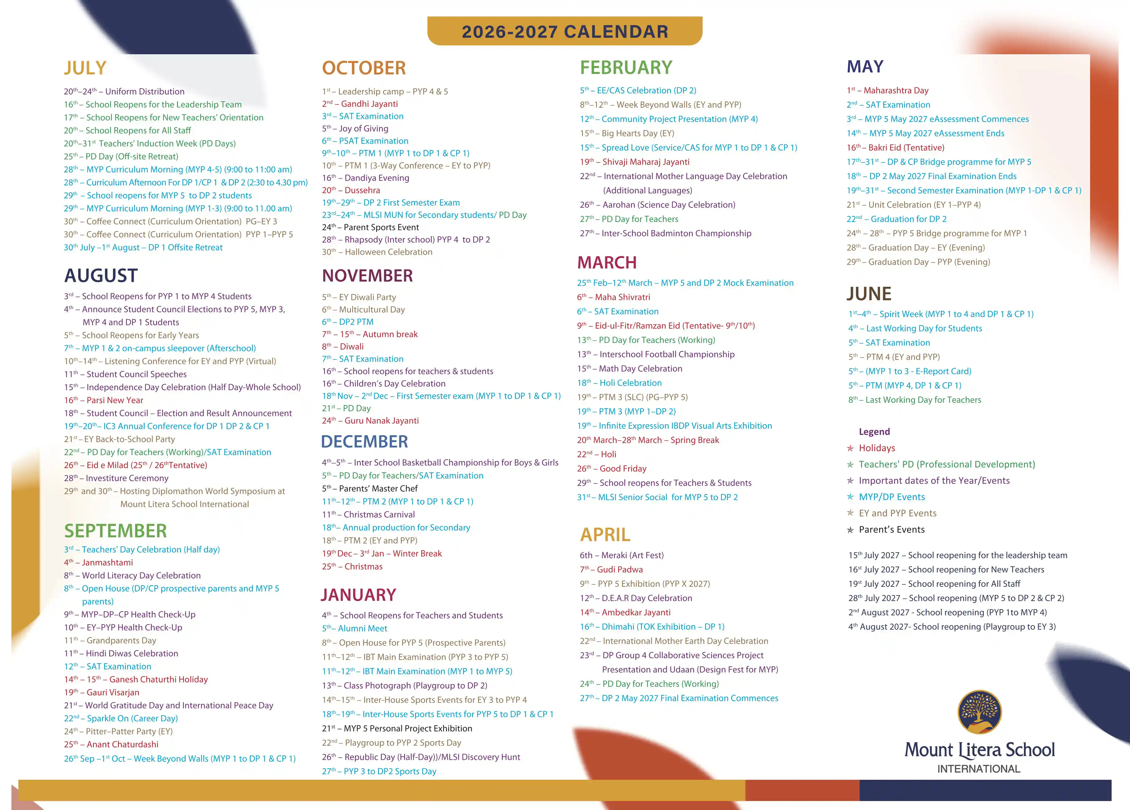 MLSI School Calendar 2026-27